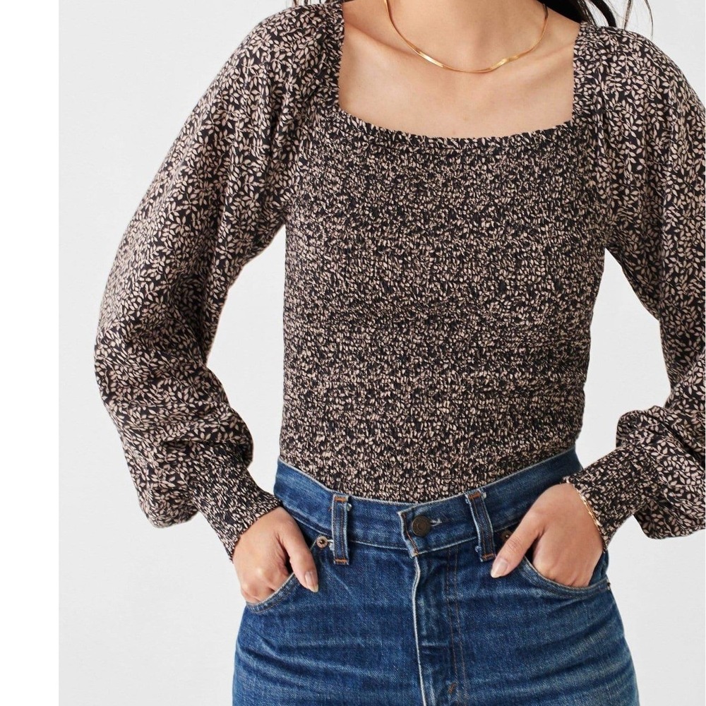 Faherty Brand Smocked Long Sleeve Top Black Tan Leaf‎ Print Square Neck Small